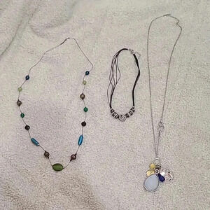 #27 set of 3 necklaces blue green beaded heart cord charm long